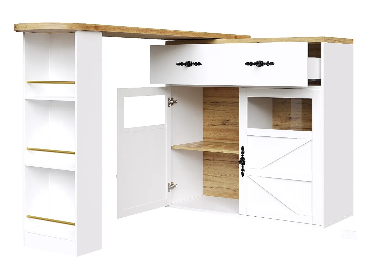 Aparador giratorio con 1 cajón, 2 puertas y estantes, blanco - para comedor y salón