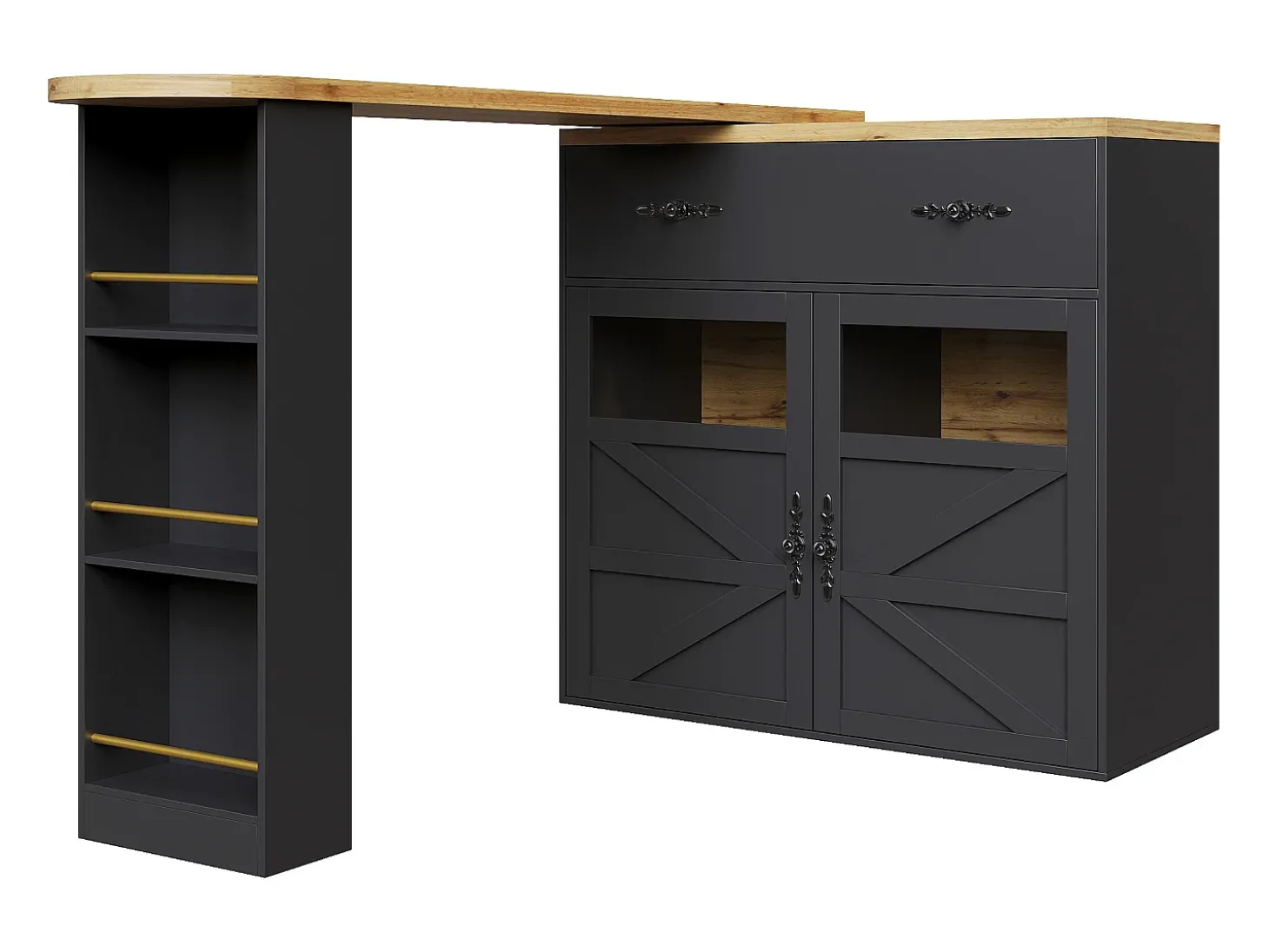 Aparador giratorio con 1 cajón, 2 puertas y estantes, negro - para comedor y salón
