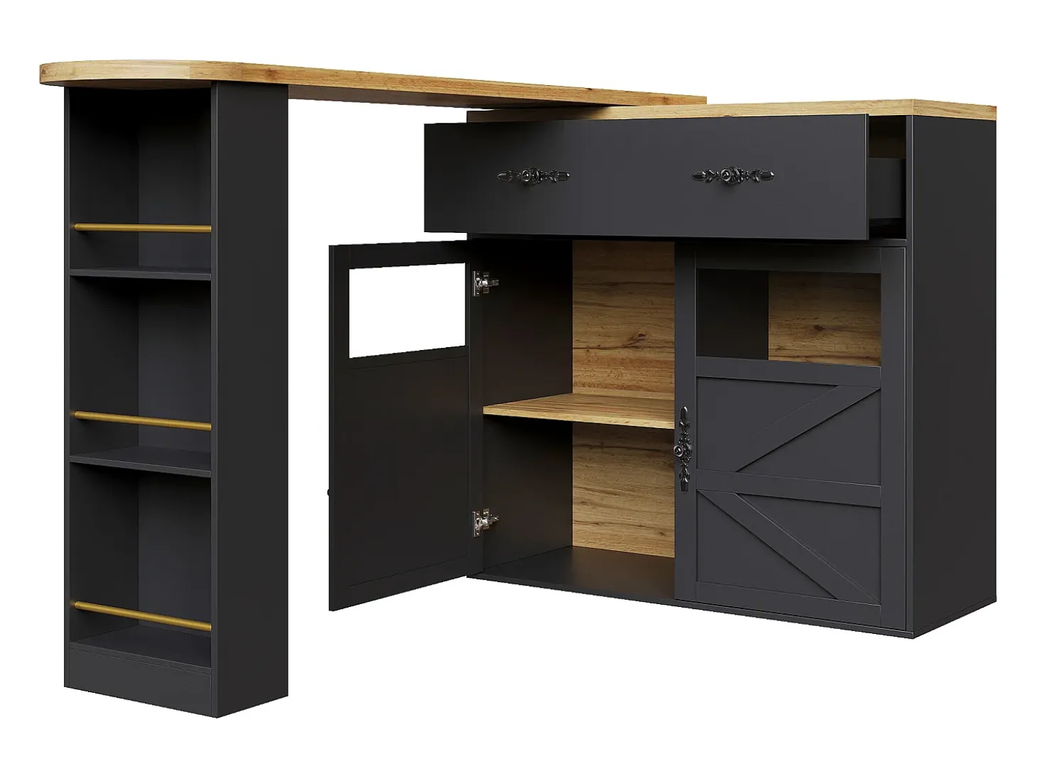 Aparador giratorio con 1 cajón, 2 puertas y estantes, negro - para comedor y salón