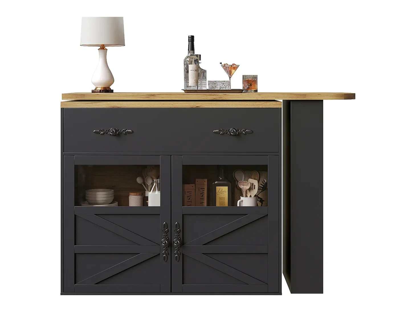 Aparador giratorio con 1 cajón, 2 puertas y estantes, negro - para comedor y salón