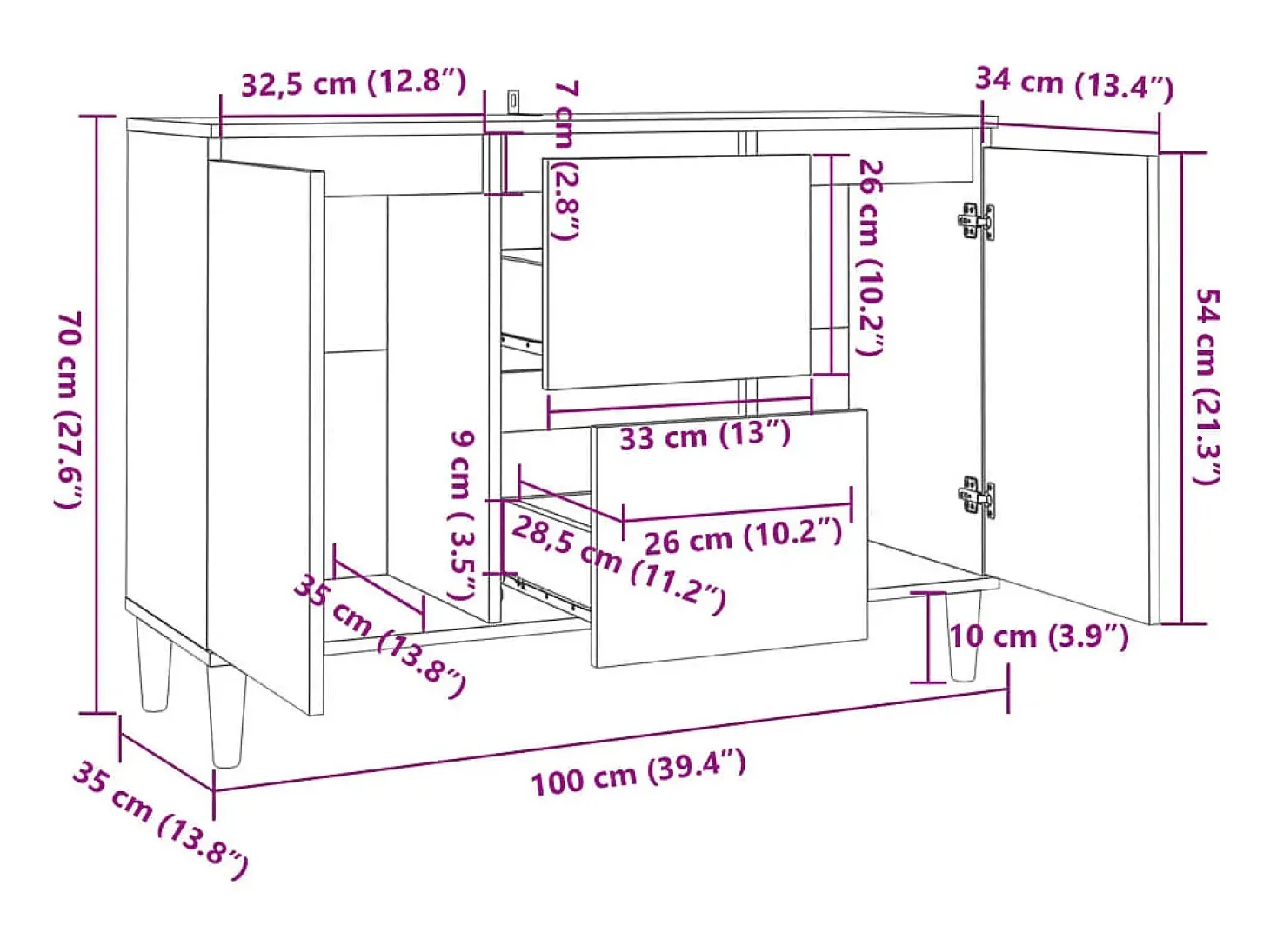 Aparador gris hormigón 101x35x70 cm madera de ingeniería
