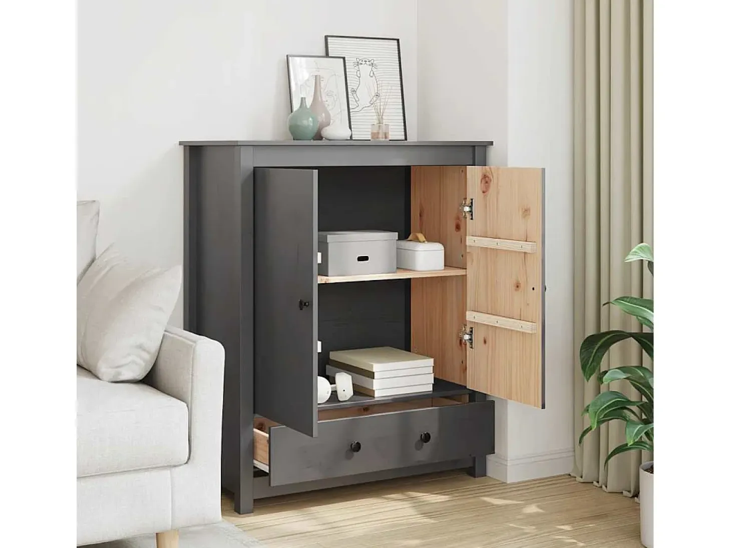 Aparador Gris 83x41,5x100 cm Madera Maciza de Pino