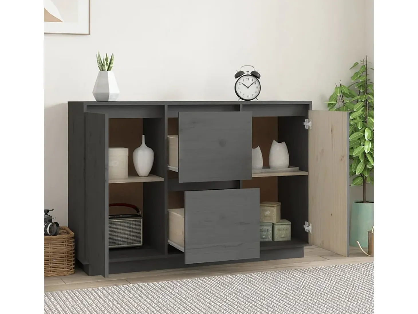 Aparador Gris 111x34x75 cm Madera Maciza de Pino