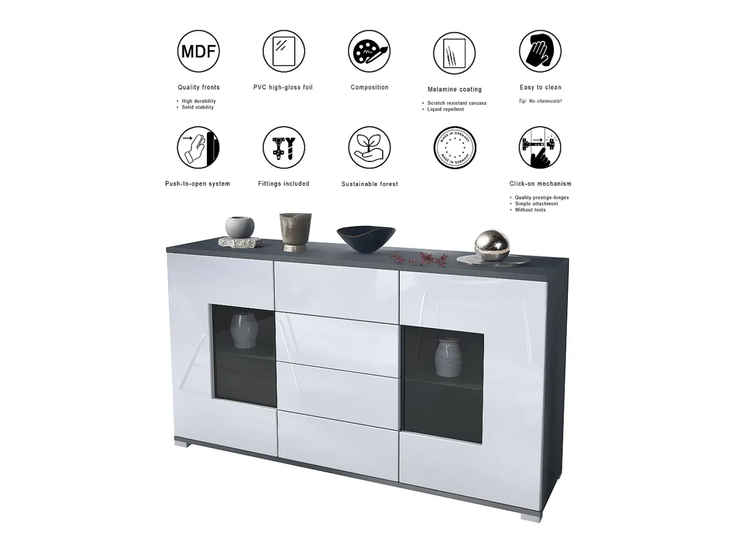 Aparador Grömitz V1 – Mueble con 2 Puertas Grandes y 4 Cajones, antracita mate/negro de alto brillo (138,5 x 75,5 x 35)