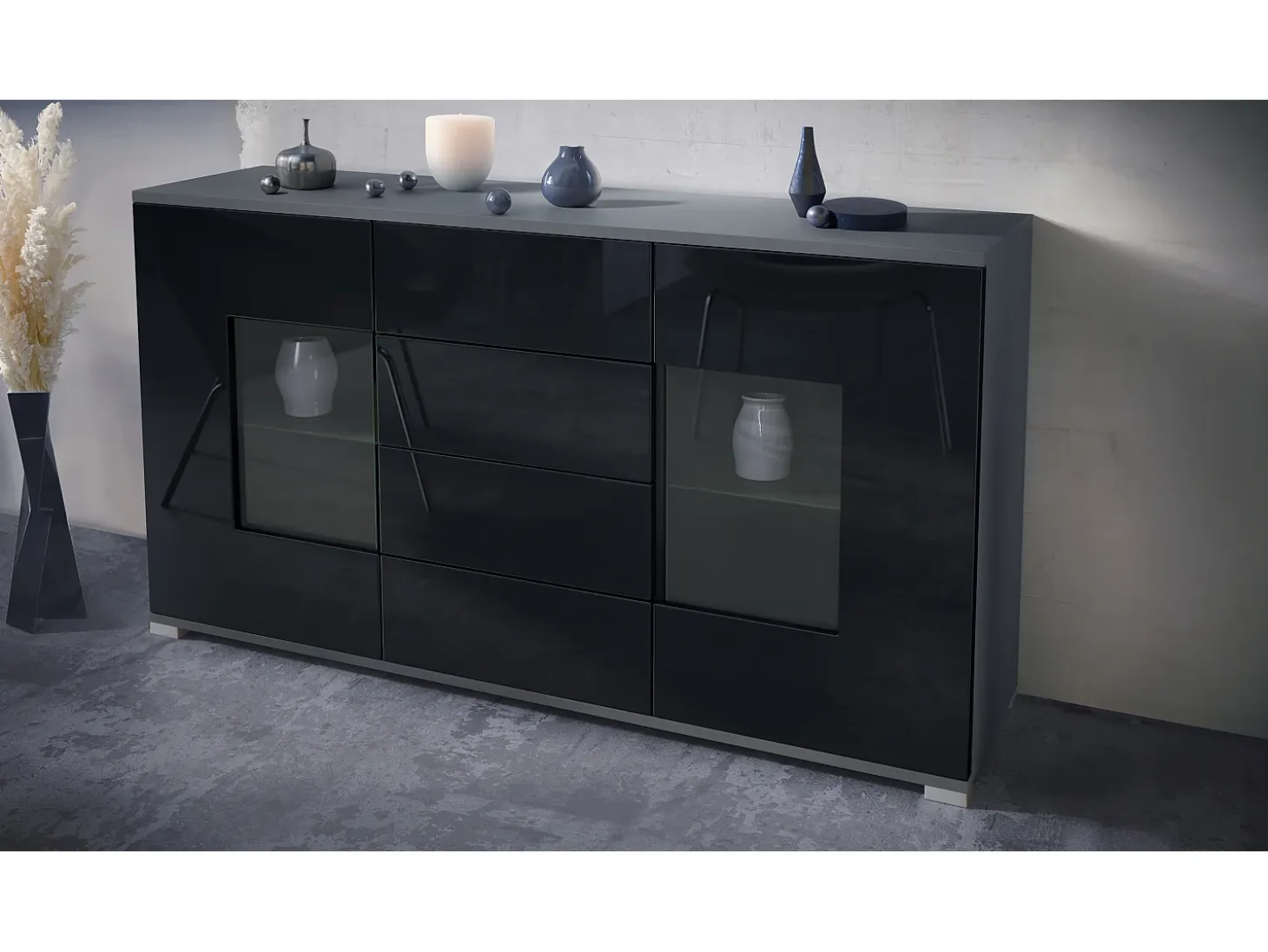 Aparador Grömitz V1 – Mueble con 2 Puertas Grandes y 4 Cajones, antracita mate/negro de alto brillo (138,5 x 75,5 x 35)