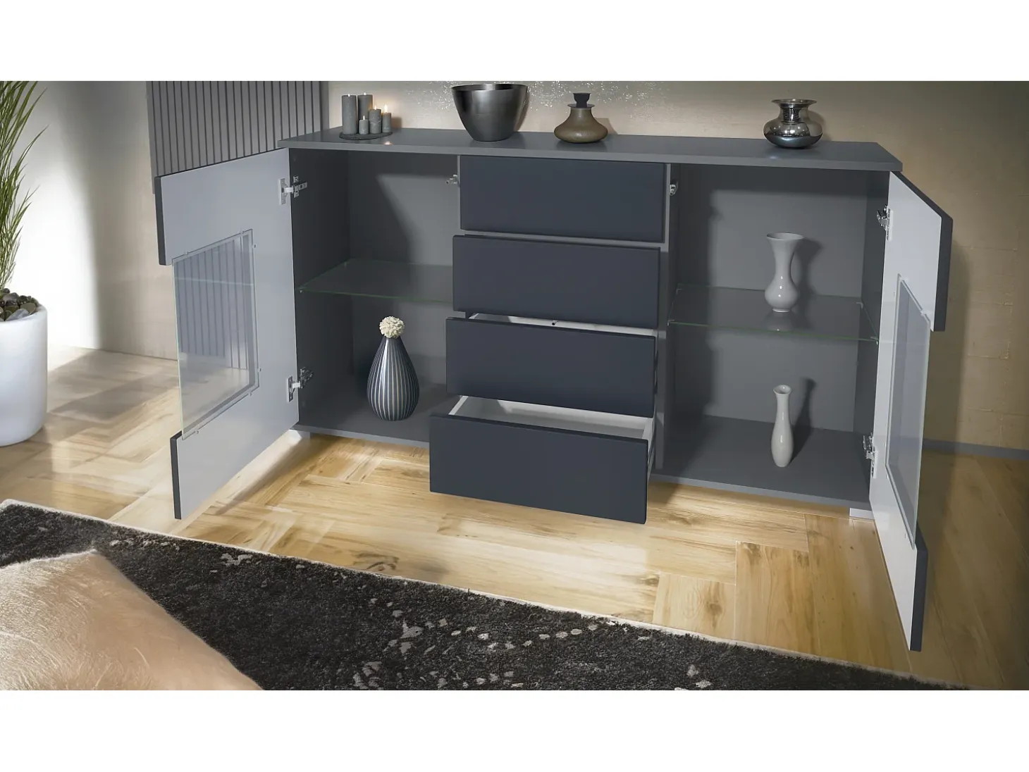 Aparador Grömitz V1 – Mueble con 2 Puertas Grandes y 4 Cajones, antracita mate/negro de alto brillo (138,5 x 75,5 x 35)