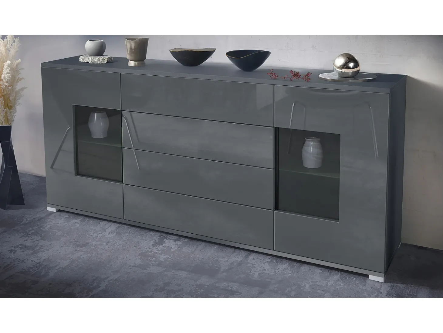 Aparador Grömitz V2 – Mueble con 2 Puertas Grandes y 4 Cajones, antracita mate/gris de alto brillo (166,5 x 75,5 x 35)