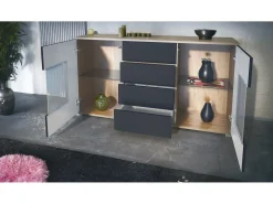Aparador Grömitz V1 – Mueble con 2 Puertas Grandes y 4 Cajones, Roble Evoke/negro mate (138,5 x 75,5 x 35)