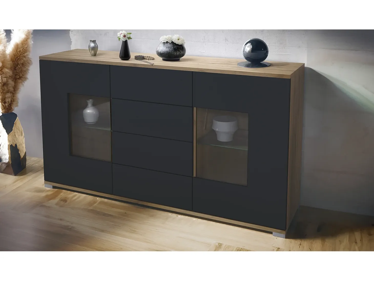 Aparador Grömitz V1 – Mueble con 2 Puertas Grandes y 4 Cajones, Roble Evoke/negro mate (138,5 x 75,5 x 35)