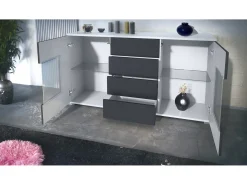 Aparador Grömitz V1 – Mueble con 2 Puertas Grandes y 4 Cajones, blanco mate/gris de alto brillo (138,5 x 75,5 x 35)