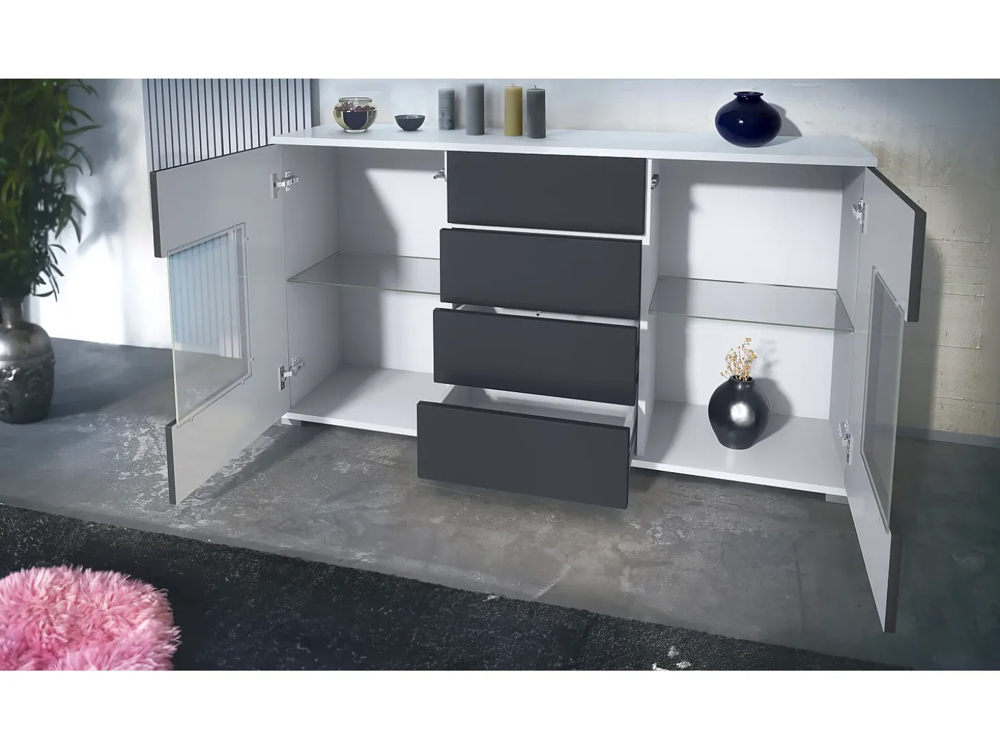 Aparador Grömitz V1 – Mueble con 2 Puertas Grandes y 4 Cajones, blanco mate/gris de alto brillo (138,5 x 75,5 x 35)