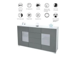 Aparador Grömitz V1 – Mueble con 2 Puertas Grandes y 4 Cajones, blanco mate/gris de alto brillo (138,5 x 75,5 x 35)