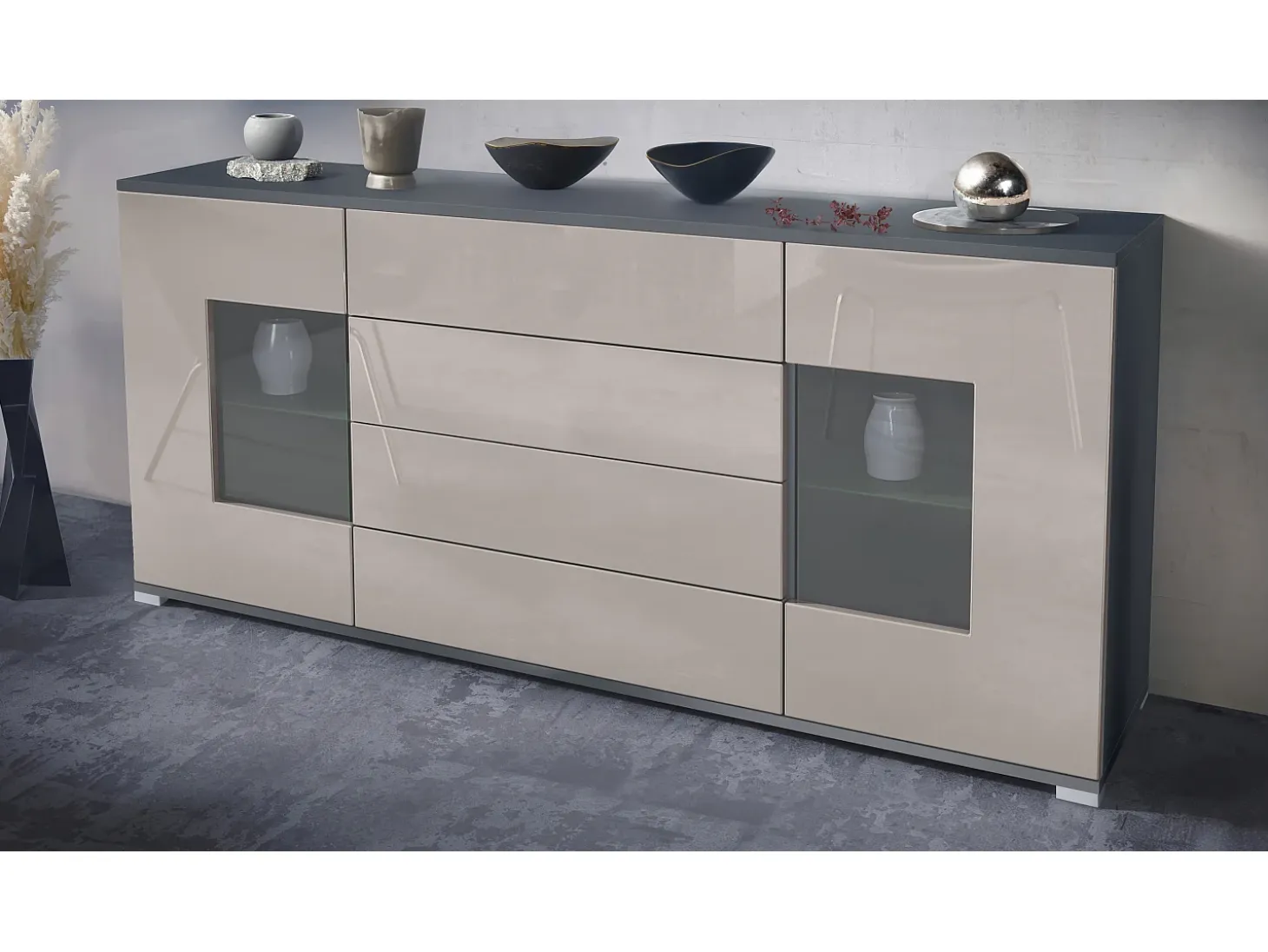 Aparador Grömitz V2 – Mueble con 2 Puertas Grandes y 4 Cajones, antracita mate/gris arena de alto brillo (166,5 x 75,5 x 35)