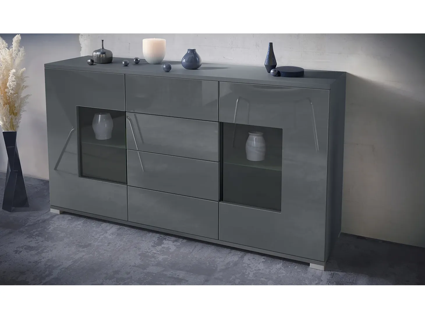 Aparador Grömitz V1 – Mueble con 2 Puertas Grandes y 4 Cajones, antracita mate/gris de alto brillo (138,5 x 75,5 x 35)