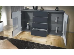 Aparador Grömitz V1 – Mueble con 2 Puertas Grandes y 4 Cajones, antracita mate/burdeos de alto brillo (138,5 x 75,5 x 35)