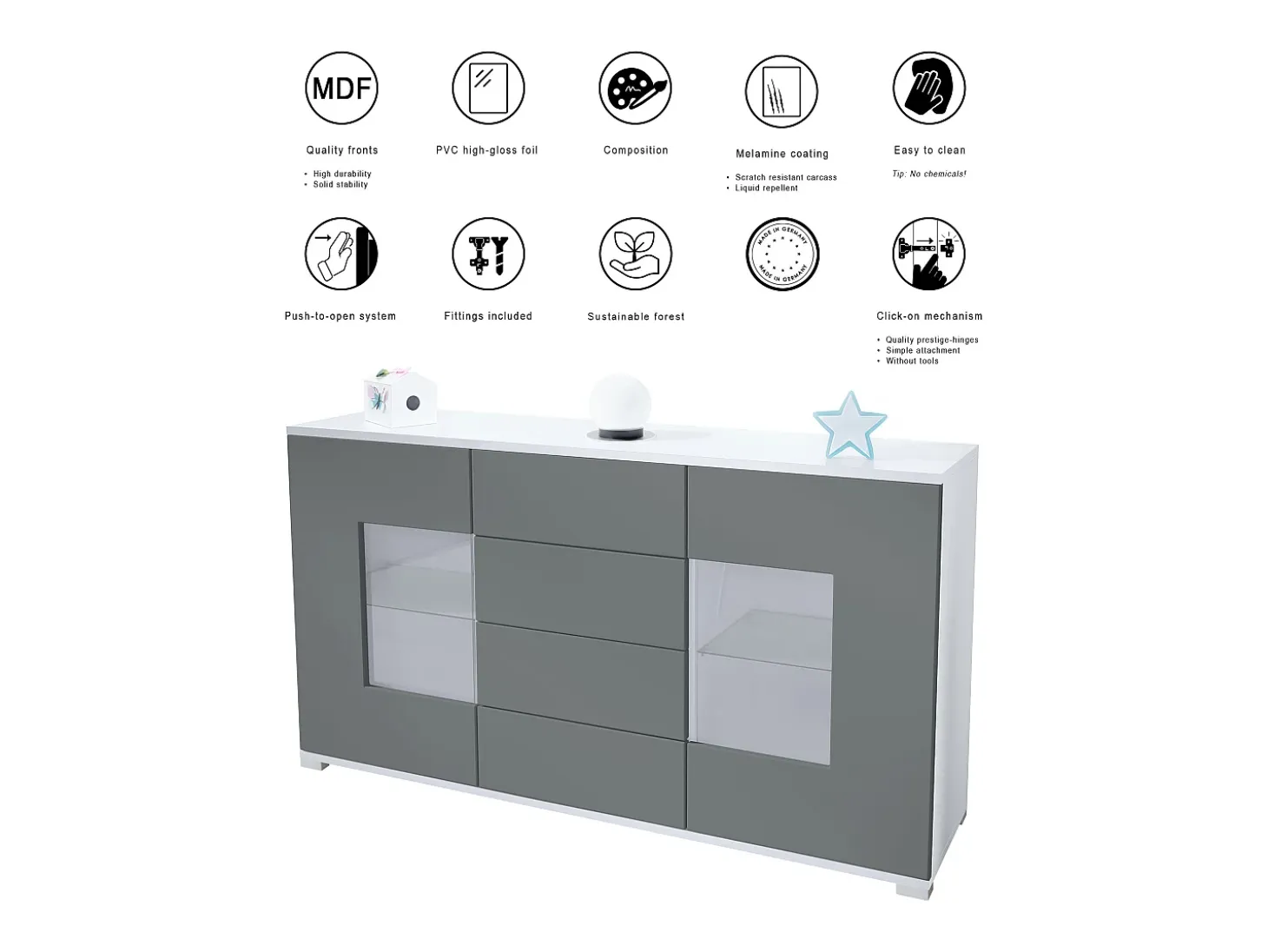 Aparador Grömitz V1 – Mueble con 2 Puertas Grandes y 4 Cajones, blanco mate/roble natural (138,5 x 75,5 x 35)
