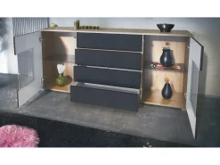Aparador Grömitz V2 – Mueble con 2 Puertas Grandes y 4 Cajones, Roble Evoke/blanco de alto brillo (166,5 x 75,5 x 35)