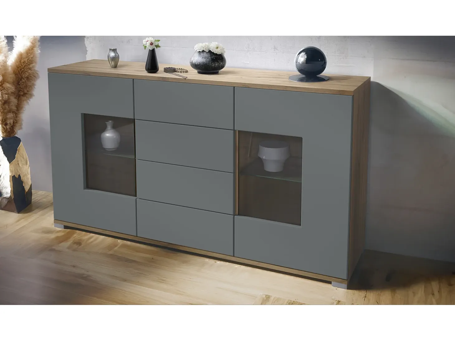 Aparador Grömitz V1 – Mueble con 2 Puertas Grandes y 4 Cajones, Roble Evoke/grafito satinado (138,5 x 75,5 x 35)