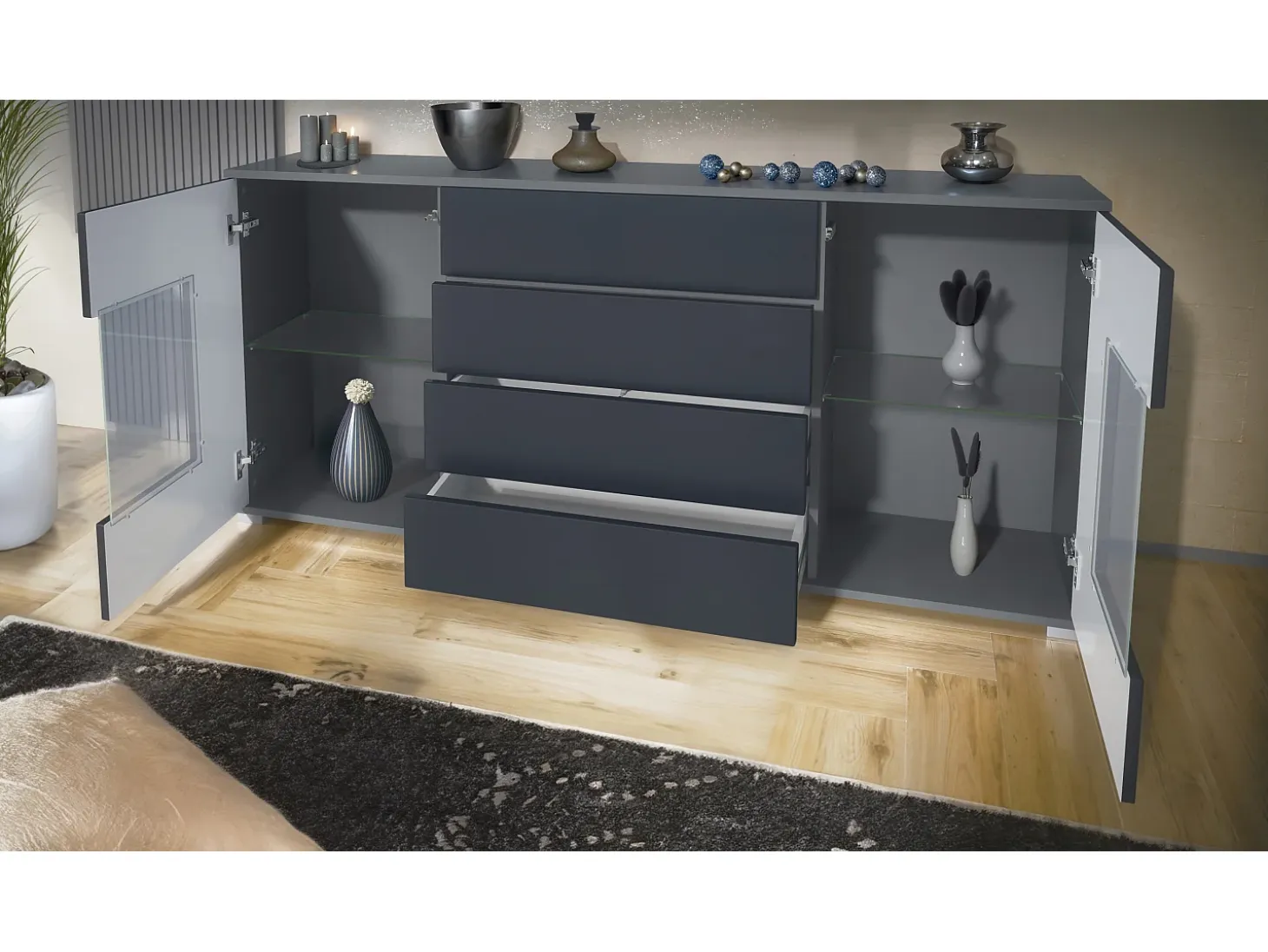 Aparador Grömitz V2 – Mueble con 2 Puertas Grandes y 4 Cajones, antracita mate/negro de alto brillo (166,5 x 75,5 x 35)