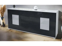 Aparador Grömitz V2 – Mueble con 2 Puertas Grandes y 4 Cajones, blanco mate/negro de alto brillo (166,5 x 75,5 x 35)