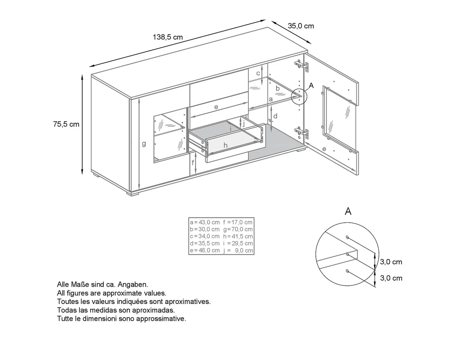 Aparador Grömitz V1 – Mueble con 2 Puertas Grandes y 4 Cajones, Roble Evoke/mezclilla mate (138,5 x 75,5 x 35)
