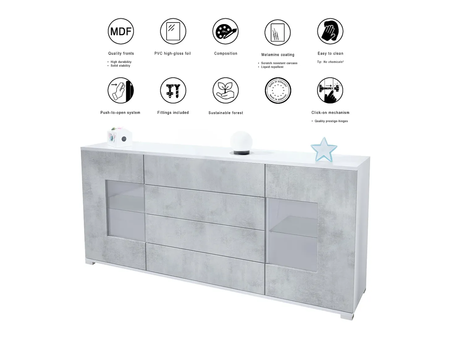 Aparador Grömitz V2 – Mueble con 2 Puertas Grandes y 4 Cajones, blanco mate/roble natural (166,5 x 75,5 x 35)