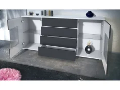 Aparador Grömitz V2 – Mueble con 2 Puertas Grandes y 4 Cajones, blanco mate/roble natural (166,5 x 75,5 x 35)