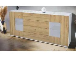 Aparador Grömitz V2 – Mueble con 2 Puertas Grandes y 4 Cajones, blanco mate/roble natural (166,5 x 75,5 x 35)