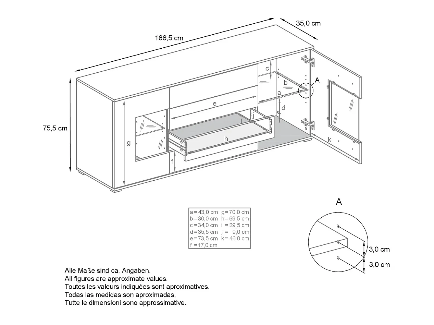 Aparador Grömitz V2 – Mueble con 2 Puertas Grandes y 4 Cajones, antracita mate/burdeos de alto brillo (166,5 x 75,5 x 35)