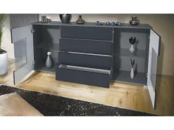 Aparador Grömitz V2 – Mueble con 2 Puertas Grandes y 4 Cajones, antracita mate/burdeos de alto brillo (166,5 x 75,5 x 35)