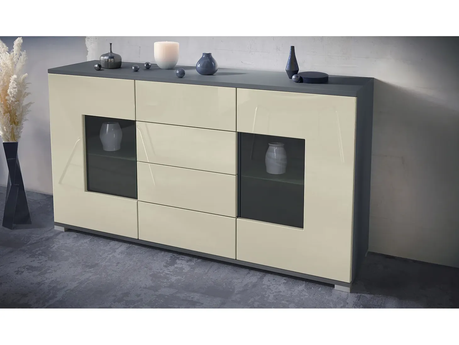 Aparador Grömitz V1 – Mueble con 2 Puertas Grandes y 4 Cajones, antracita mate/crema de alto brillo (138,5 x 75,5 x 35)