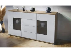 Aparador Grömitz V1 – Mueble con 2 Puertas Grandes y 4 Cajones, Roble Evoke/blanco de alto brillo (138,5 x 75,5 x 35)
