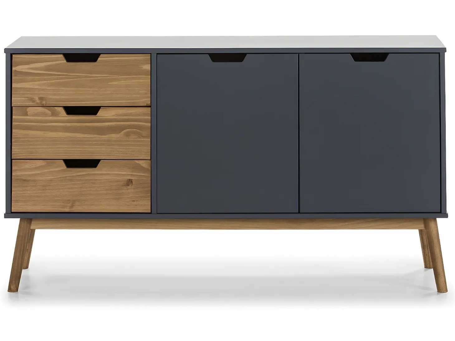 Aparador Java 3 cajones y 2 Puertas Antracita/Cera, Madera de Pino Maciza, 140 cm Longitud
