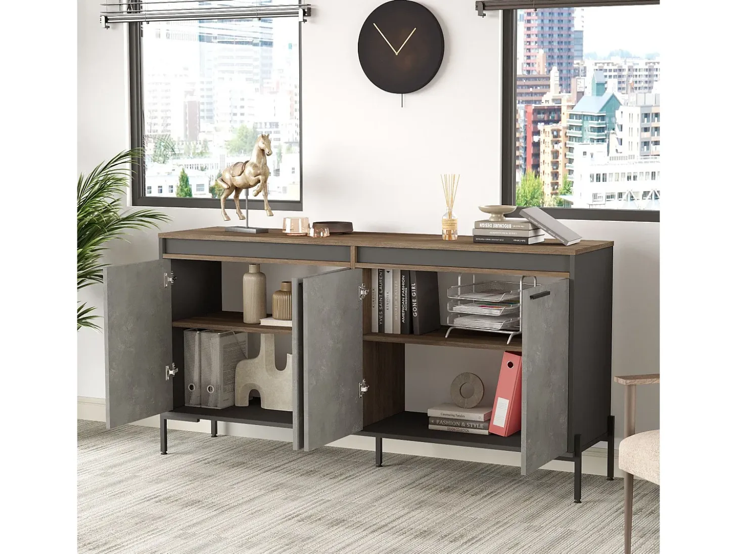Aparador Kailua 2096, Hormigón|Antracita|Marrón, 92x184x45cm, Aglomerado laminado