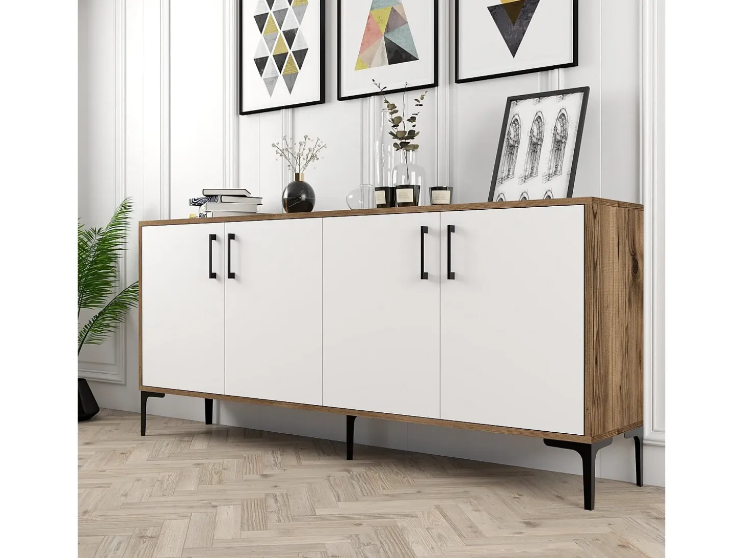 Aparador Kiev blanco color nogal 180x35x78 cm