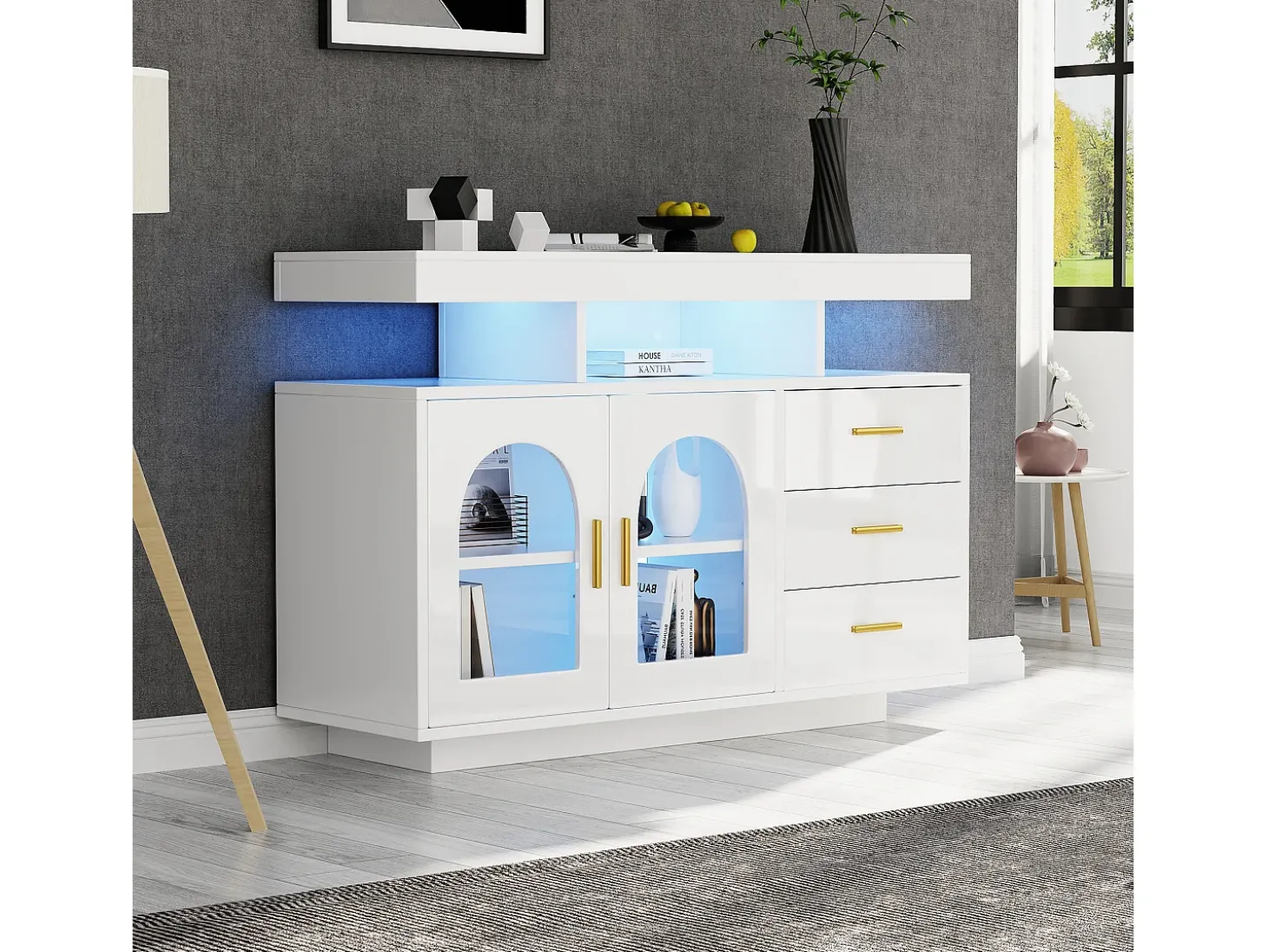 Aparador lacado blanco alto brillo con iluminación LED, 3 cajones y 2 puertas, 120x40x80cm