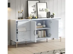Aparador lacado brillante 150x38x59,5 cm - con 4 cajones y 2 puertas - Patas de metal - MDF - Blanco