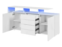 Aparador lacado en blanco con iluminación LED, 4 cajones y 2 puertas - Madera PB y cristal