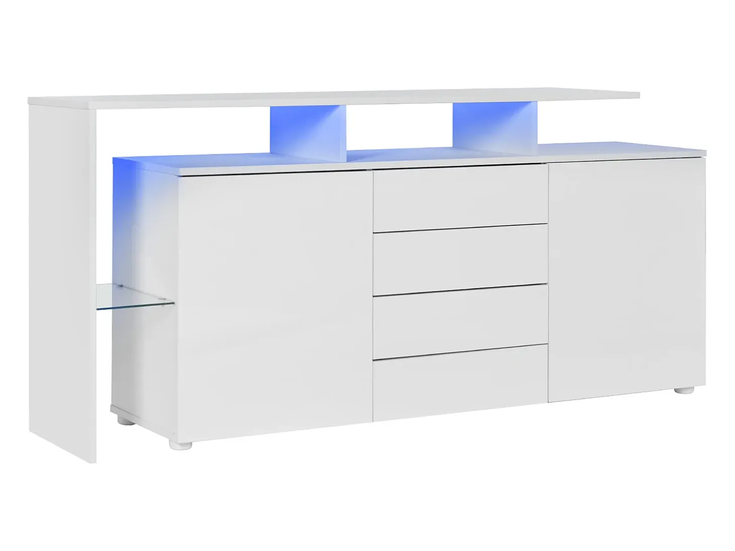 Aparador lacado en blanco con iluminación LED, 4 cajones y 2 puertas - Madera PB y cristal