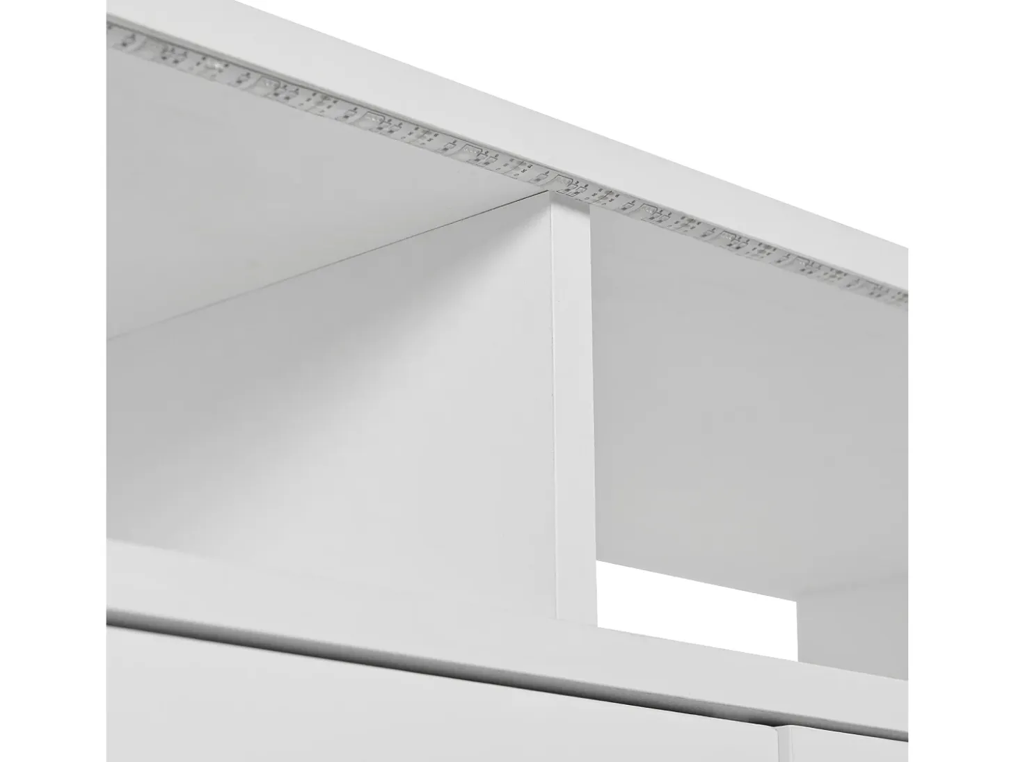 Aparador lacado en blanco con iluminación LED, 4 cajones y 2 puertas - Madera PB y cristal