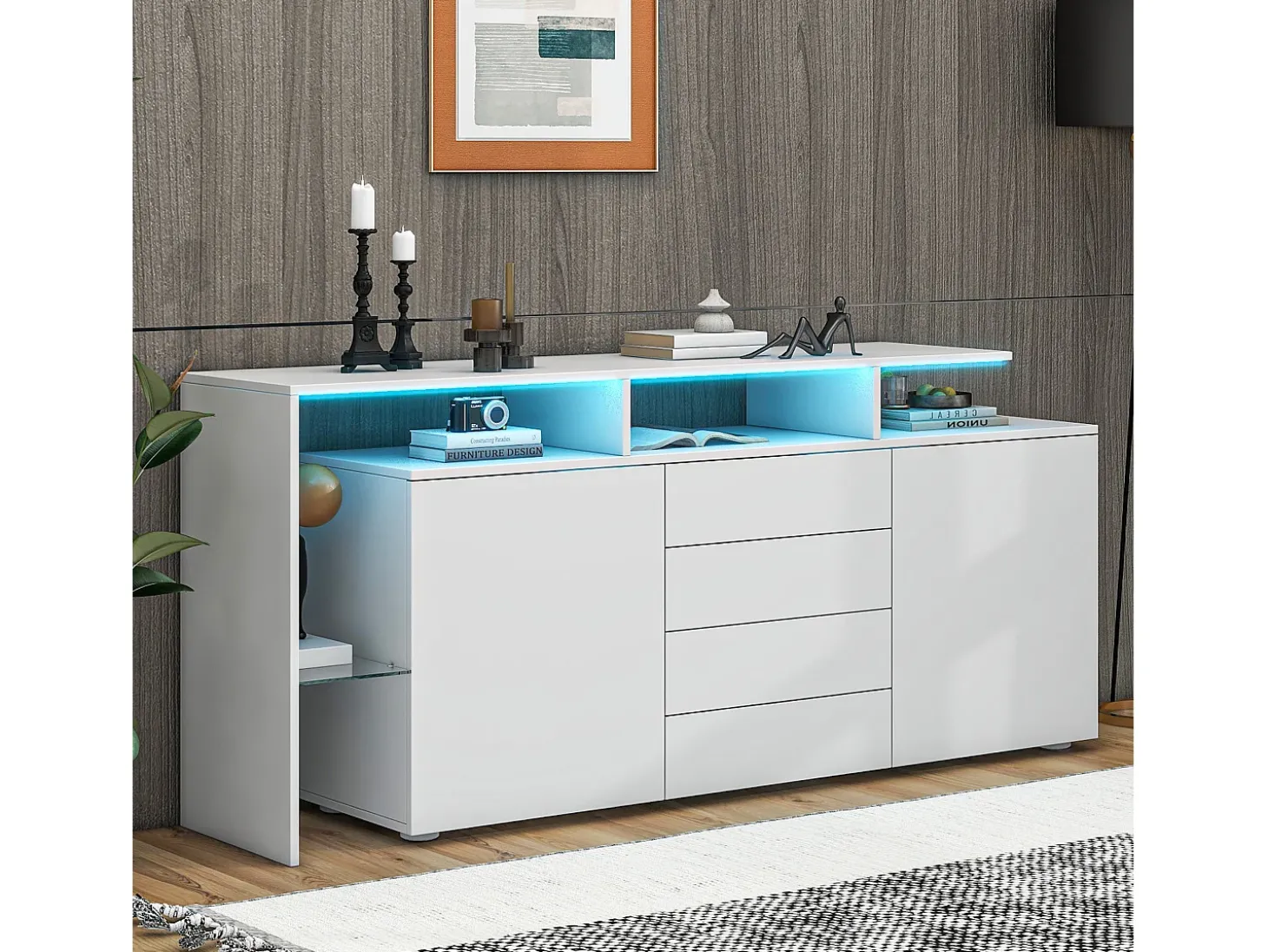 Aparador lacado en blanco con iluminación LED, 4 cajones y 2 puertas - Madera PB y cristal