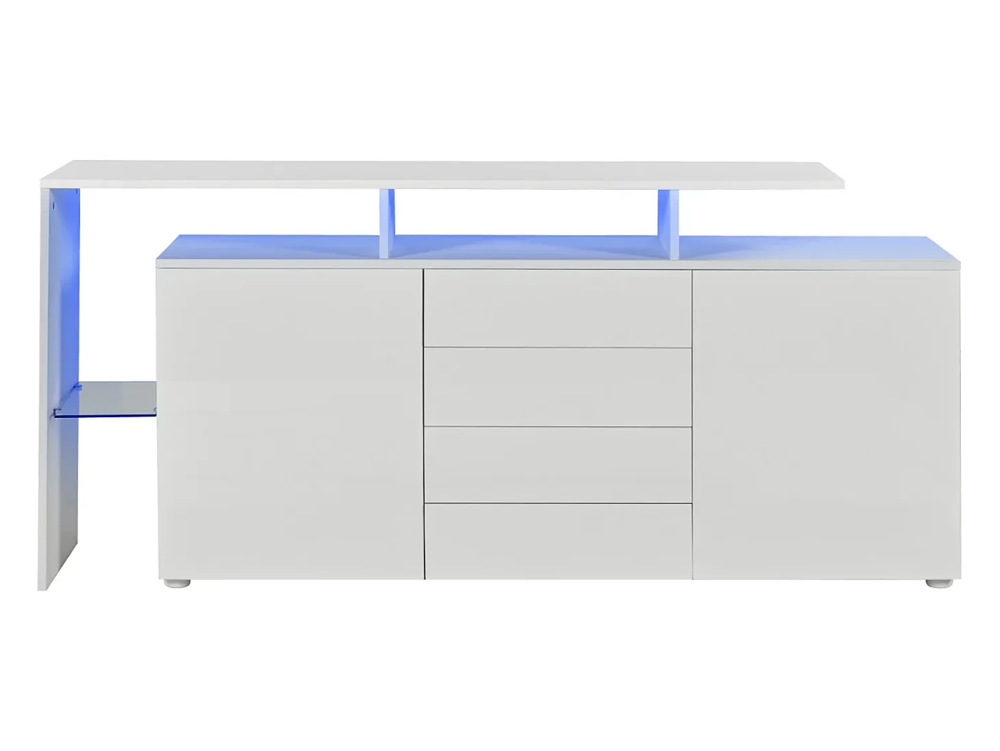 Aparador lacado en blanco con iluminación LED, 4 cajones y 2 puertas - Madera PB y cristal
