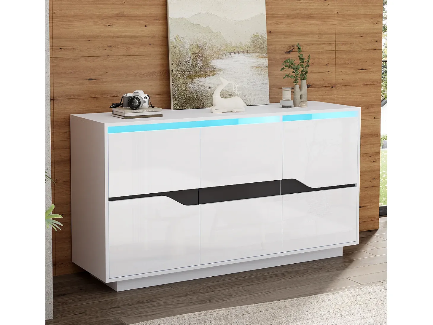 Aparador LED con 3 puertas de almacenamiento y estantes ajustables – Blanco y negro