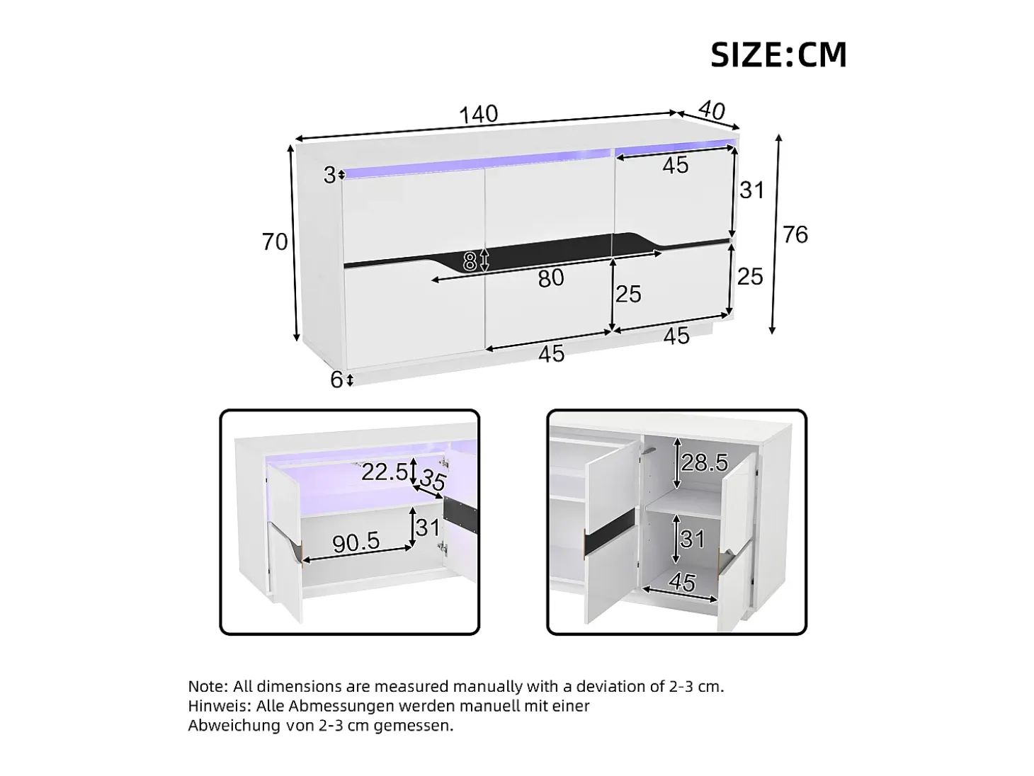 Aparador LED con 3 puertas de almacenamiento y estantes ajustables – Blanco y negro