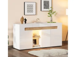 Aparador LED con 3 puertas y 1 estante de vidrio – Blanco y madera natural