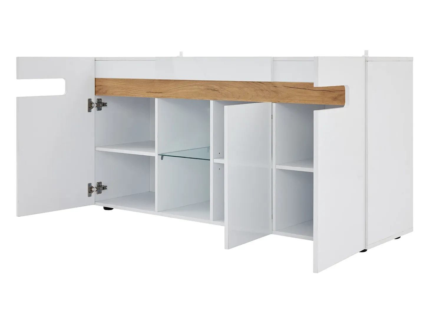 Aparador LED con 3 puertas y 1 estante de vidrio – Blanco y madera natural