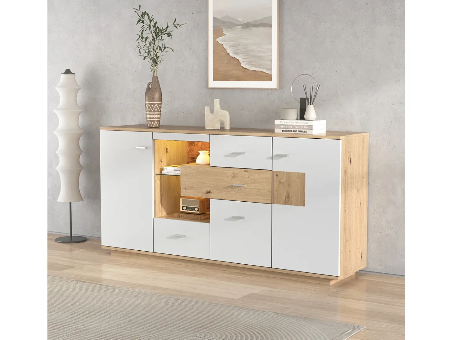 Aparador LED 160x40x77cm, Mueble con 2 Puertas, 4 Cajones, Estante de Cristal, Mueble de Salón Aspecto Madera Mueble Multiusos - Blanco