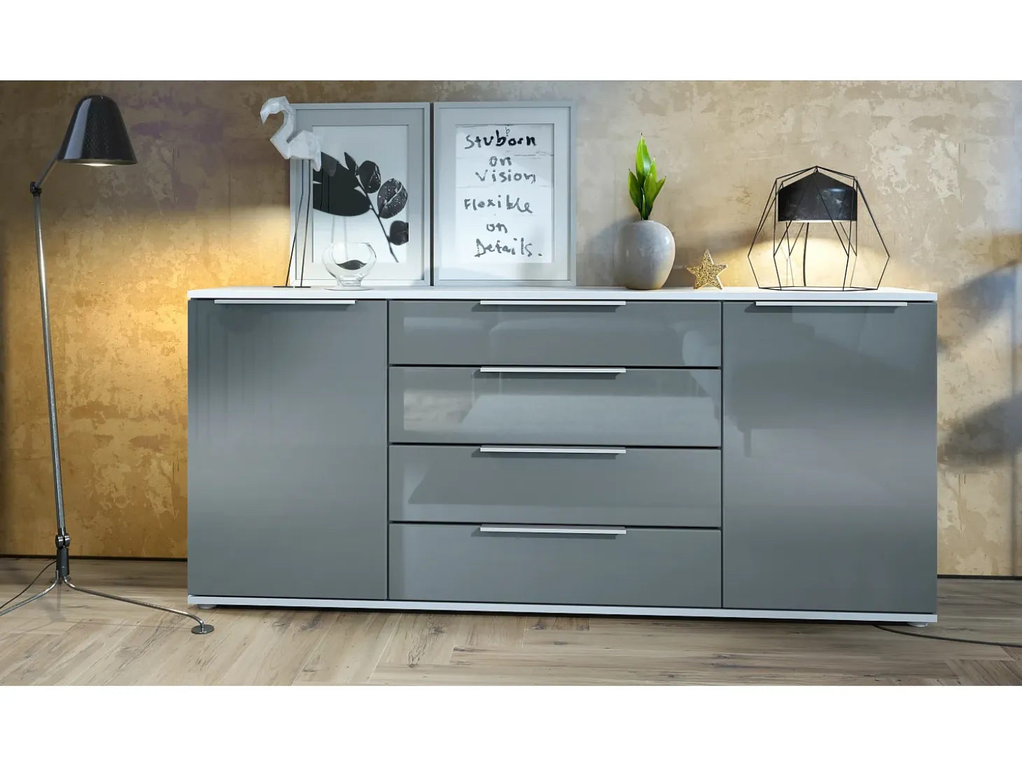 Aparador Linio V2 – Mueble moderno con 2 puertas y 4 cajones, blanco mate/gris de alto brillo, 166,5 x 75,5 x 35 cm (An x Al x P) – Mueble auxiliar buffet armario