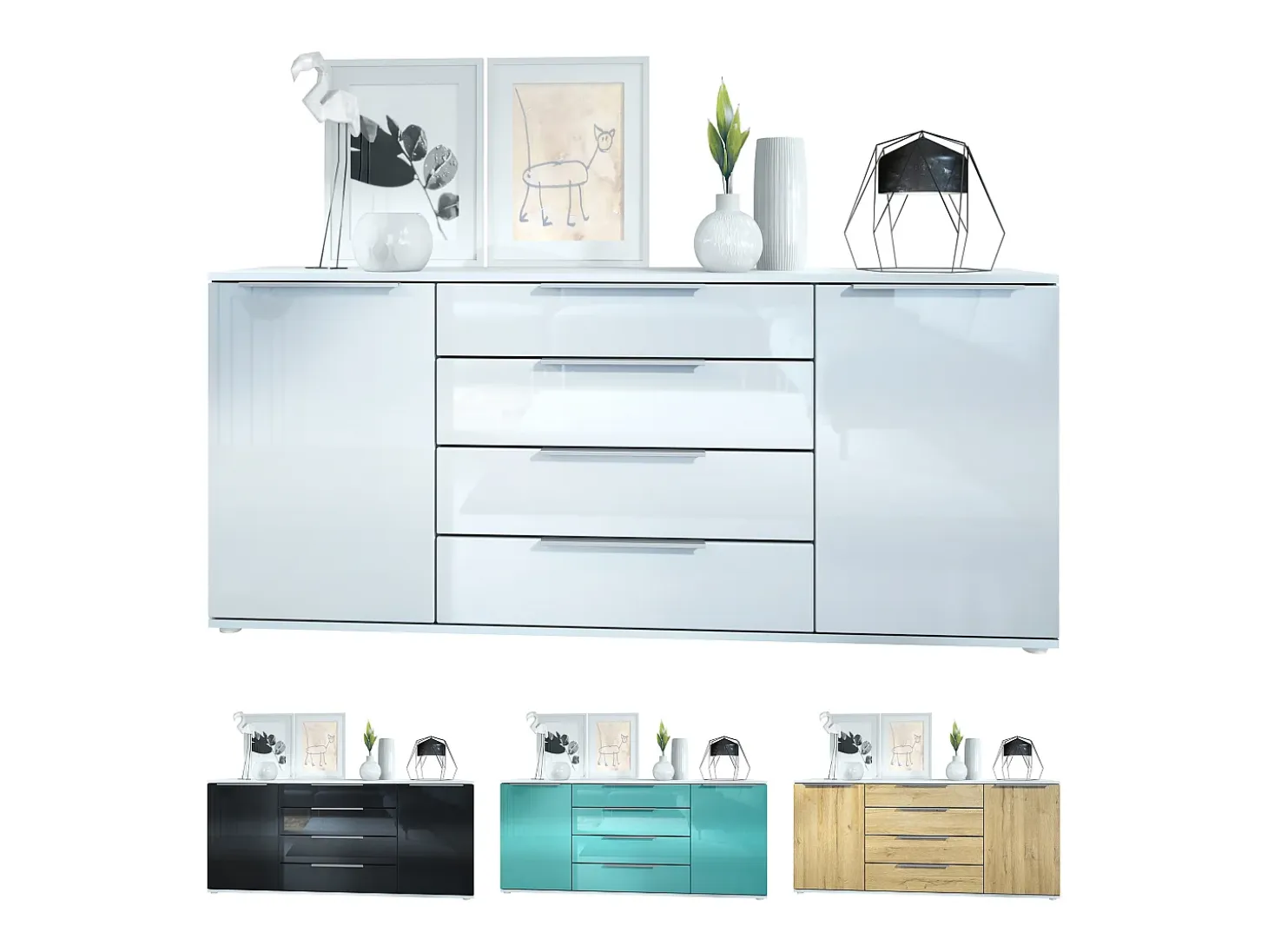 Aparador Linio V2 – Mueble moderno con 2 puertas y 4 cajones, blanco mate/gris de alto brillo, 166,5 x 75,5 x 35 cm (An x Al x P) – Mueble auxiliar buffet armario