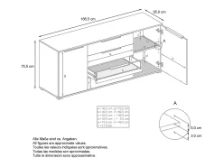 Aparador Linio V2 – Mueble moderno con 2 puertas y 4 cajones, blanco mate/gris de alto brillo, 166,5 x 75,5 x 35 cm (An x Al x P) – Mueble auxiliar buffet armario